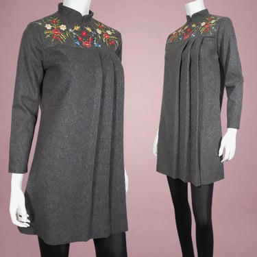 1960s mod wool dress vintage gogo mini A line trapeze embroidered floral details charcoal grey unique pleats winter fall (modern 0 - 2) 