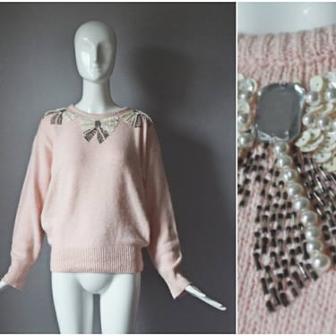 vtg 80s De Rotchild pink pastel silk + angora mix knit sweater w/ sequin bow detail | 1980s long sleeve pullover | Medium beading pearls 