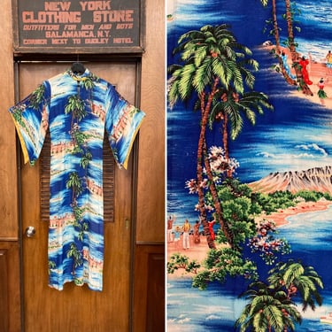 Vintage 1950’s Iolani Tropical Island Crepe Pake Muu Batwing Hawaiian Dress, Vintage Pake Muu, 1950’s Hawaiian Dress, Tiki Dress, Batwing 