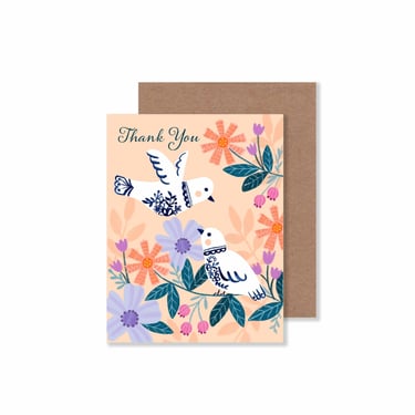 Spring Pastel Birds and Flowers Card/ 4.25" X 5.5" Floral Thank You Notecard/ Springtime Folk Art Stationery Single Card or Set of 8 