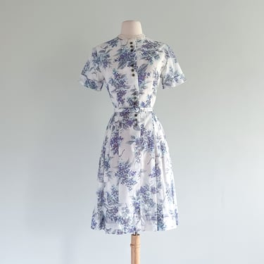 Dreamy 1960's Lilac Floral Printed Spring Day Dress / Sz S/M