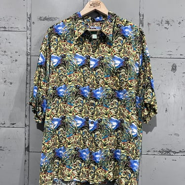 XL 90s Reyn Spooner Hawaiian Blue Button-Up Shirt Rayon 1990s Vacation Tourist Florida Beach Shirt 