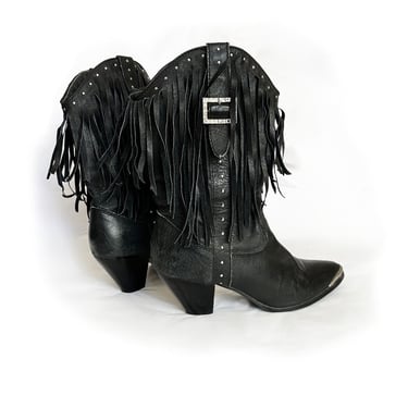 1980s Vintage DINGO Black LEATHER Fringe Western Boots, Size 7, Hair Band Womens 