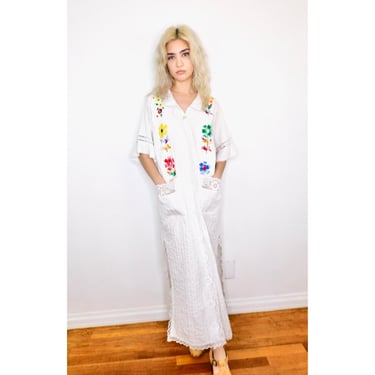 Mexican Pin Tuck Dress // vintage 70s 1970s lace boho hippie white maxi hand embroidered hippy 70's beach cover swimsuit tucked // S/M 