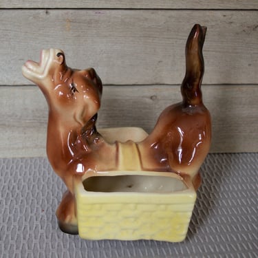 Vintage Burro Donkey Dresser Wallet Jewelry Caddy, Planter, Braying Closed Eyes Brown with Yellow Vase, Pottery, Ashtray, Mid Century Decor 