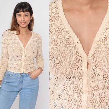 Sheer Crochet Cardigan 90s Cream Yellow Floral Button Up Top Open Weave Knit Top Summer Festival Hippie Bohemian Retro Vintage 1990s Small 4 