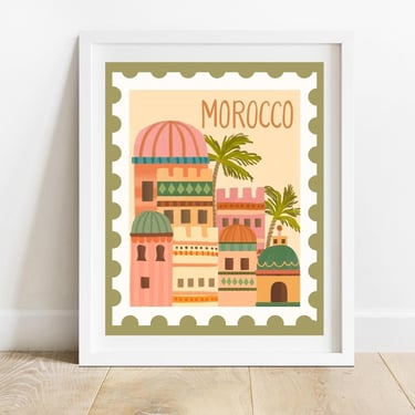 Morocco Postage Stamp Art Print/ 8 X 10 Moroccan City Travel Illustration/ Marrakesh Inspired Wall Decor/ Desert Cityscape Art 