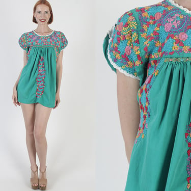 Green Cotton Oaxacan Dress, Colorful Rainbow Hand Embroidery, Vintage Mexican Dia De Los Muertos Tunic Top 