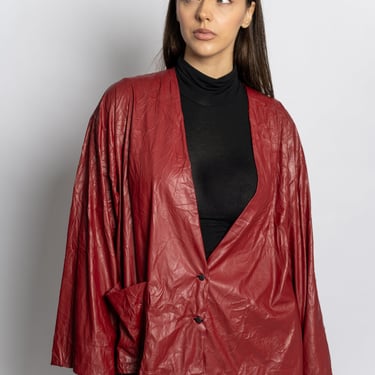 Red Oversized Crinkle Texture Synthetic Leather Jacket