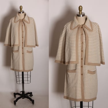 Late 1960s Early 1970s Tan and White Knit Shawl Cape Sweater Knit Dress by Sweater Bee by Banff LTD -M 