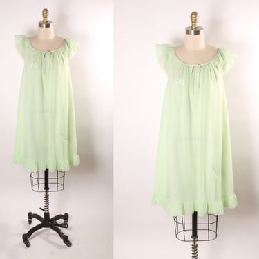 1960s Green Ruffle Trim Rose Detail Nylon Lingerie Night Gown -S 