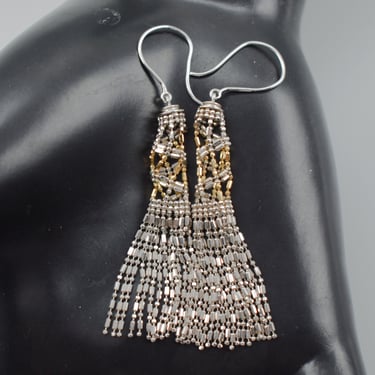 90's yellow gold & sterling silver bead bars fringe dangles, unusual L.P. 925 14k woven waterfall earrings 