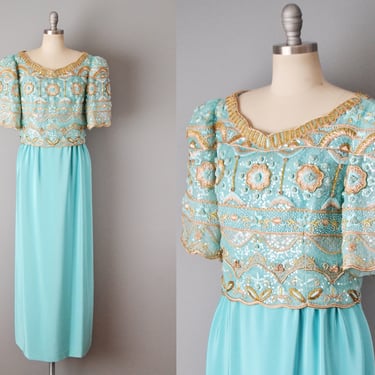 1980s Richilene Gown / Turquoise Dress / Statement Sleeves / Beaded Dress /Formal Dress / Mother Of The Bride Dress / Size Large 