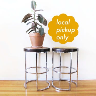 Vintage 1970s Chrome Cane Dark Wood Bar Stools Set of 2 - Modern Minimalist Decor - Milo Baughman Style - Local Long Beach LA Pick Up Only 