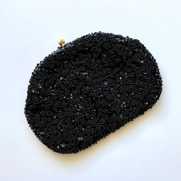 Vintage 50s Beaded Sequin Clutch // Black Gold Rhinestone Kiss Lock Purse Handbag Purse Handbag 