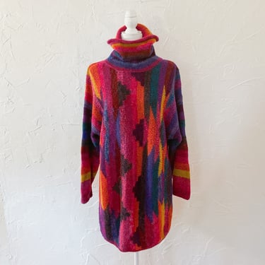 80s Amazing Rainbow Striped Turtleneck Fuzzy Knit Sweaterdress | Medium/Large/Extra Large 