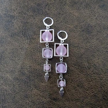 Long pink frosted glass and silver square earrings 
