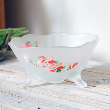 Vintage hand painted frosted glass bowl / glass bowl with flowers / shabby chic footed glass bowl / floral candy dish / cottage decor 