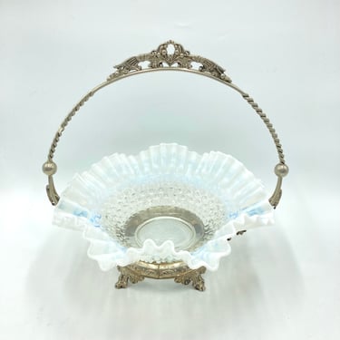 Antique Victorian Art Glass Iridescent White Bride's Basket, Ruffled Hobnail Glass, Silver Basket with Handle, Wedding Bridal Basket 