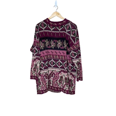 Vintage Express Tricot Red Cranberry Paisley Oversized Sweater, Size Large 