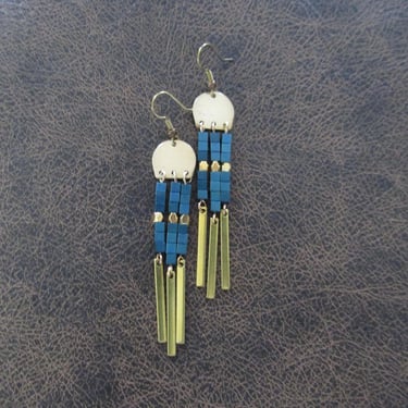 Long blue hematite and brass chandelier earrings 