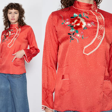 Medium 1950s Chinese Blood Orange Embroidered Pajama Top | Vintage 50s Jacquard Satin Floral Souvenir Asian Mandarin Collar Shirt 