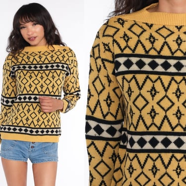 Geometric Wool Sweater Yellow Boho Sweater Boatneck Sweater 70s Bohemian Sweater Striped Vintage Pullover Sweater Jumper Knit Medium 