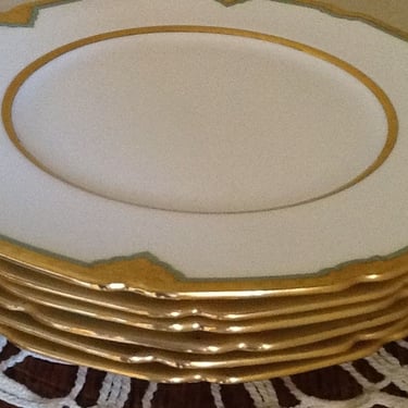 Antique  Set of (6) Royal Doulton Plates made for D. H. Holmes, New Orleans store in the early 1900's- raised gold encrusted border Green 