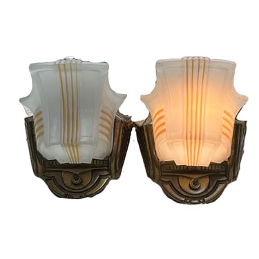 1930s Art Deco Streamline Slip Shade Wall Sconces with Original Finish  #2436 Matching Pair 1920s Uplight Dining Room Living Room Hallway 