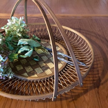 vintage woven bamboo and reed gathering basket swinging handles 