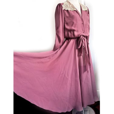 1970's Stevie Nicks style Mauve Pink Vintage Dress, Sheer FULL Skirt Disco Hippie Era Dress Crochet Lace Collar, Sheer 
