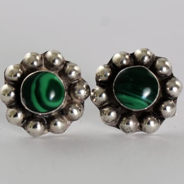 60's sterling malachite flower studs, bright green cabs 925 silver Southwestern boho floral earrings 
