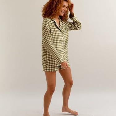 Botanical Green Gingham Linen Pajama Shorts Set