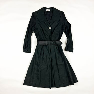 1950s Black R & K Originials Grosgrain Long Sleeve Dress / Matching Belt / Cocktail / Fancy / Faille / Woodgrain / Solid / Damask / Medium 