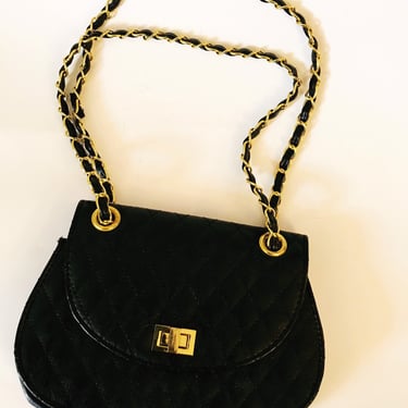 Vintage Black Purse Faux Leather Tufted Small Handbag Chain-link Gold-tone Metal and Leather Strap 1980's  Quilted Stitch Purse 