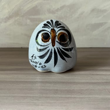 Vintage Mexican Tonala Owl Figurine, Mexican pottery, artist signed, Folk Art of Mexico 