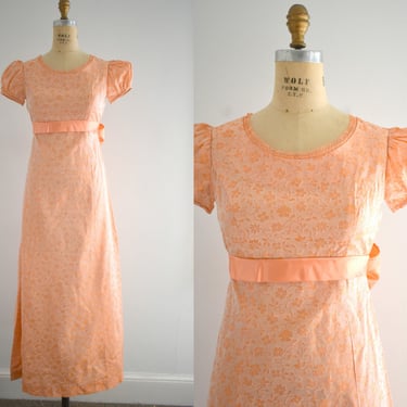 1960s/70s Peach Brocade Empire Waist Dress 