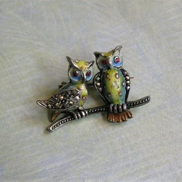 Vintage Sterling Enamel and Marcasite Owl Pin, Sterling Germany Alice Caviness Owl Pin, Old Sterling Pin (4019) 