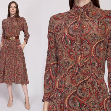 S| 90s Liz Claiborne Silk Paisley Secretary Dress - Small | Vintage Button Up Collared Pocket Midi Shirtdress 