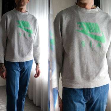 Vintage 90s NIKE AIR Destroyed Gray Crewneck Sweatshirt w/ Puff Print | Made in USA | Nutmeg Label | 1990s Designer Streetwear Sweatshirt 