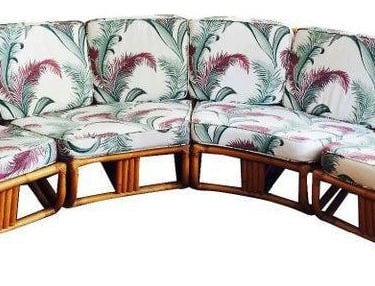 Restored 4-Strand Square Pretzel Rattan Corner Sectional Sofa for Six by Ritts 