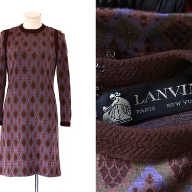 1960s Lanvin Geometric Patterned Wool Knit Shift Dress - Vintage 60s Long Sleeve Retro Mini Dress - Small 