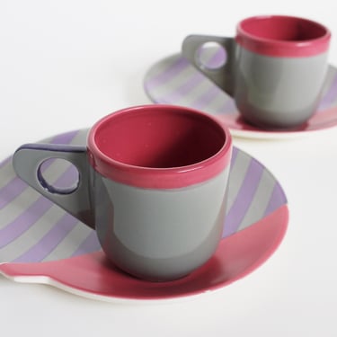 80s Vintage set of 2 Tea Cups and Saucers - Vandor 1985, Gray Pink and Purple 