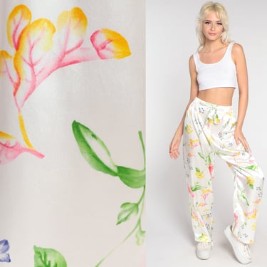 White Floral Pants 90s Satin Relaxed Pants High Waist Pants Lounge Casual Trousers Baggy Pants Drawstring Waist Vintage Medium 