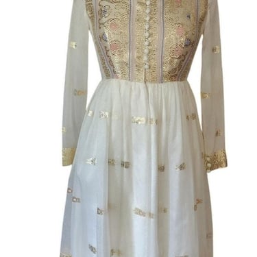 Vintage 70s Boho Party Dress Gold Lurex White Organza Chuck Howard 