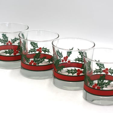 vintage Libbey Christmas Holly Berry Lowball Glasses Set of Four 