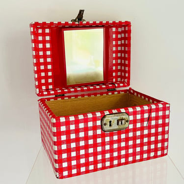 Vintage 1970s Retro Red Gingham Wooden Makeup Supplies Train Case Carry Tote Box 