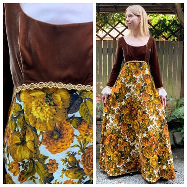 70s floral and velvet upholstery fabric hostess dress 