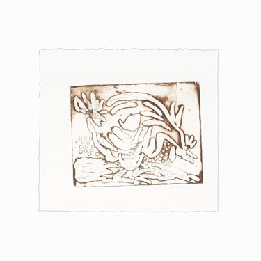 Vintage Etching on Paper Rooster Chicken Brown White Print 