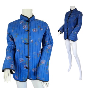 1980's Royal Blue Channel Quilted Asian Style Jacket I Floral Print I Sz Med I J.W. II 